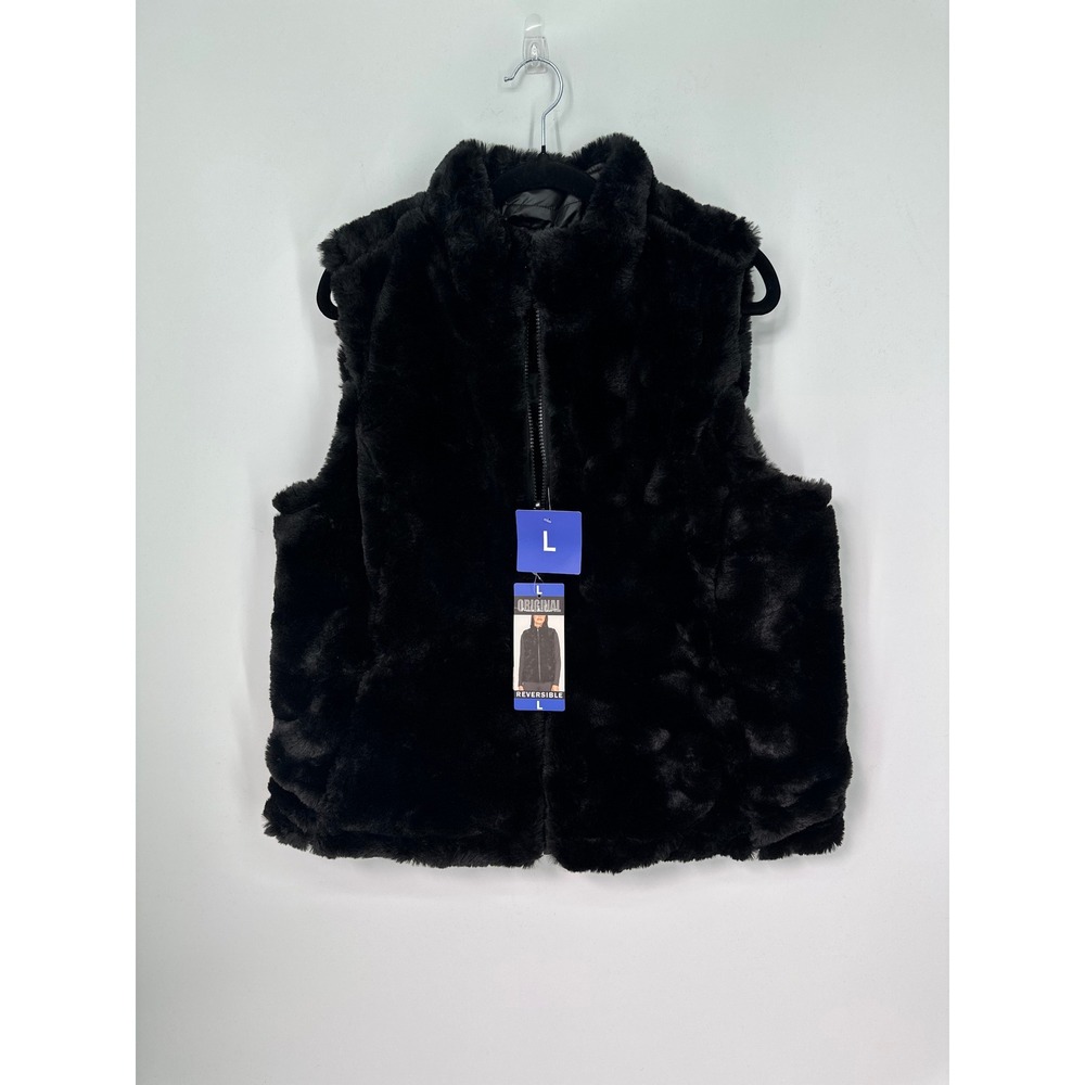 Nicole Miller Original Reversible Faux Fur Puffer Vest Black Women L NWT